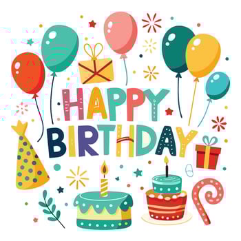 happy birthday card with colorful balloons and cake vector