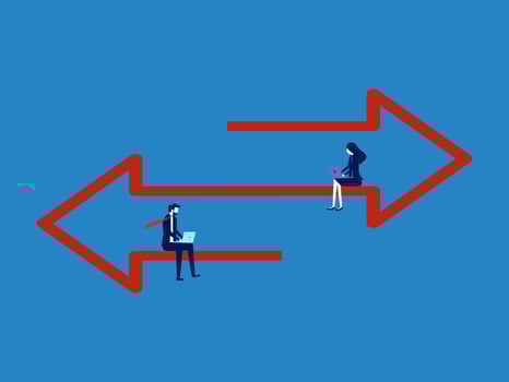 Data transfer or transaction, exchange and communication, two businessman on opposite arrows vector