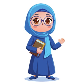 muslim girl in blue hijab and glasses holding a book vector