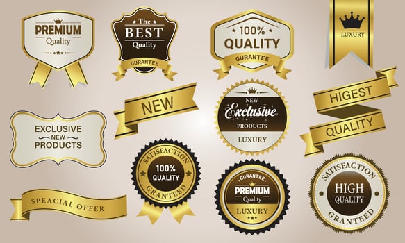 Luxury golden badges. Premium quality stamp, gold labels and best offer badge illustration vector