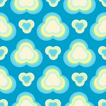 Triple circle cloudy retro style on blue background. Seamless pattern. vector