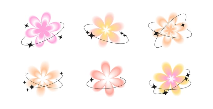 Trendy aura gradient flowers in y2k style. Blurry shapes in pastel colors illustration vector