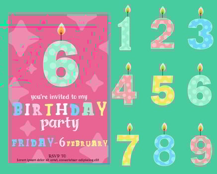 Birthday party invitation card with kid's age numbers. Colorful template for birthday celebration event. vector