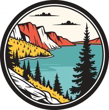 A round sticker with a lake and mountains vector