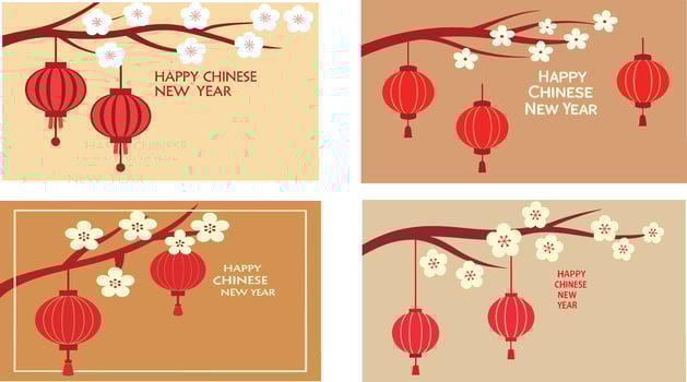 Four chinese new year cards with lanterns and flowers vector