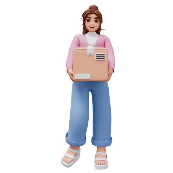 3D rendering of woman holding delivery package box. Illustration for e-commerce, online shopping, grocery shopping, retail marketing, and delivery services. png