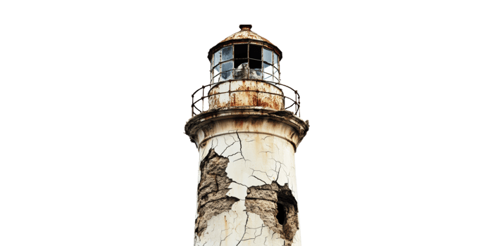 Old rusty lighthouse with cracked surface isolated on transparent background png