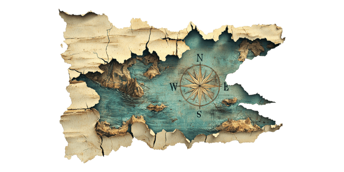Torn vintage map with compass rose isolated on transparent background png