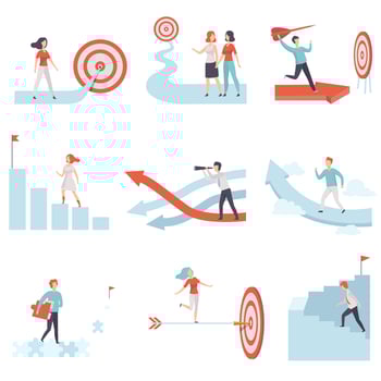Business People Moving to Success Set, Men and Women Climbing Up Career Ladders and Growth Arrows to Achievement of Goals, Business and Career Development Illustration vector