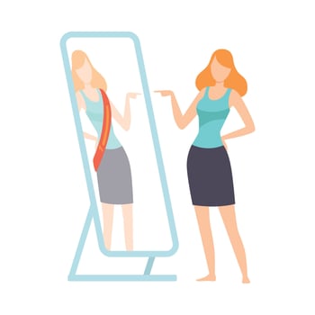 Narcissistic Woman Character Looking at Mirror Pretend to Be Successfull, Girl Overestimate Herself, Self Confidence, Motivation Illustration vector