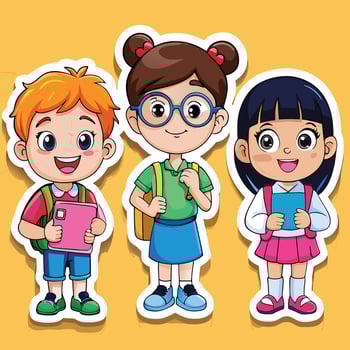 stickers of children with books and school bags vector