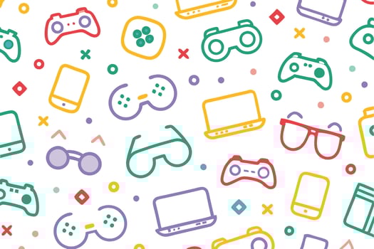 a colorful pattern of game controllers and other items vector
