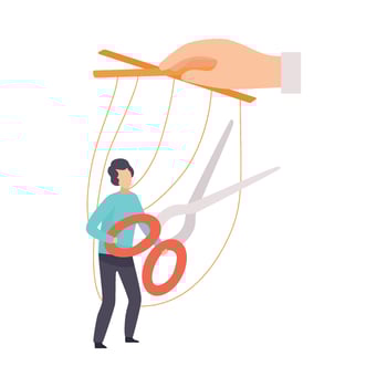 Male Marionette on Ropes Controlled by Hand, Man Trying to Tie Ropes with Scissors, Manipulation of People Concept Illustration vector