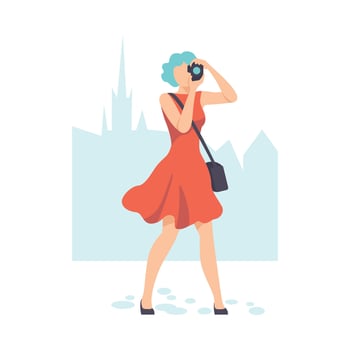 Young Woman Photographing, Girl Taking Photo with Camera Illustration vector