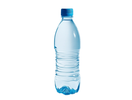 Blue capped clear water bottle on display png
