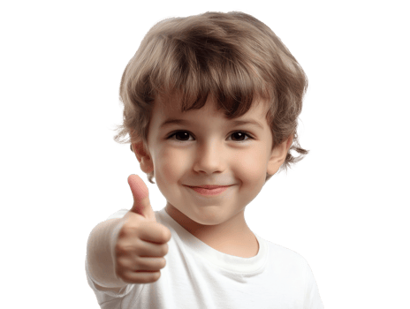 Happy child giving thumbs up indoors with smile png