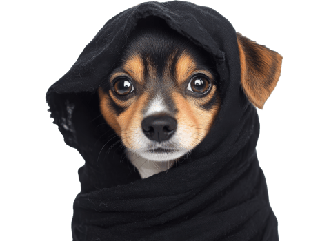 Cute dog wrapped in black cloth with curious eyes png