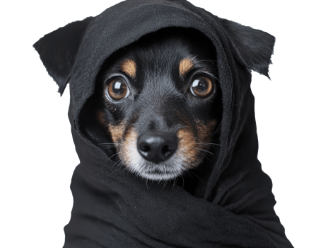 Dog with black hood looks curious and adorable png