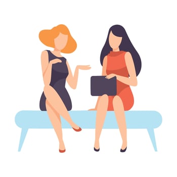 Two Young Women Dressed in Stylish Clothing Sitting on Bench and Talking, People Speaking to Each Other Illustration vector