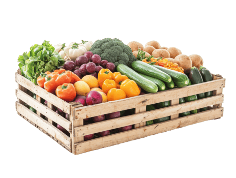 Fresh vegetables displayed in wooden crate png