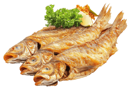 Crispy fried fish served with fresh garnish png
