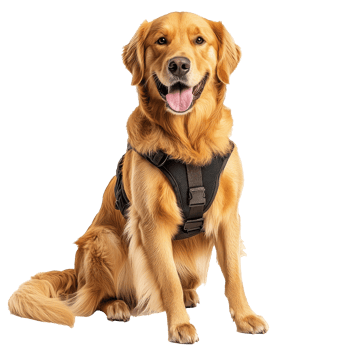 Golden retriever in a harness sitting calmly png