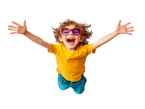 Child jumping with joy in bright colored clothing png