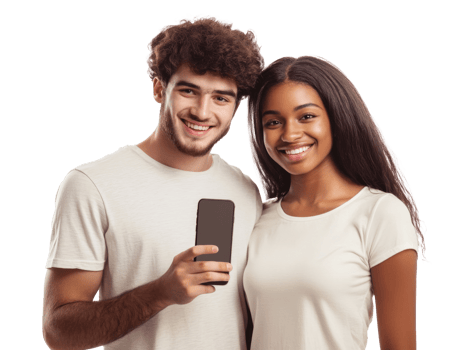 Smiling couple with a phone png