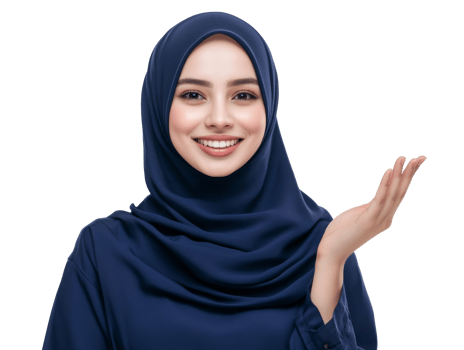 Smiling woman in a blue hijab welcoming guests png