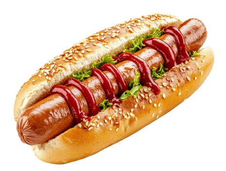 Sausage in sesame bun with ketchup lettuce png