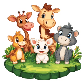 Cute animated animals gathered in a lush setting png