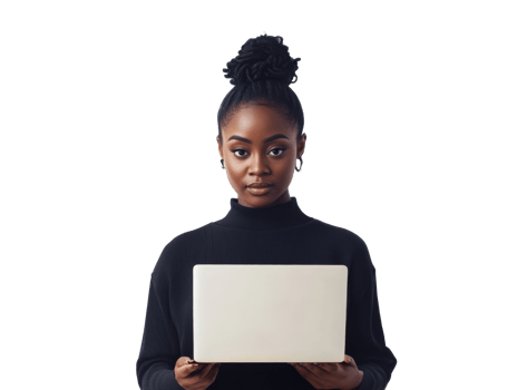 Focused woman with laptop in modern space png