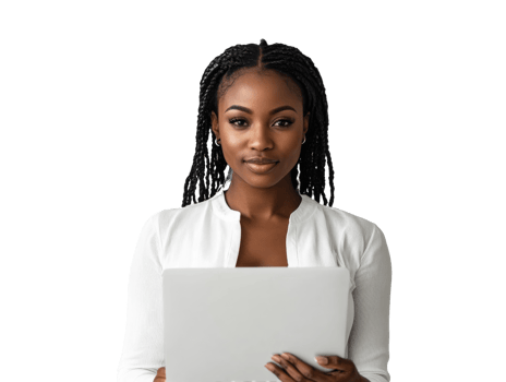 Young woman holding tablet with confidence indoors png