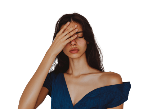 Woman hides face, overwhelmed by emotion png