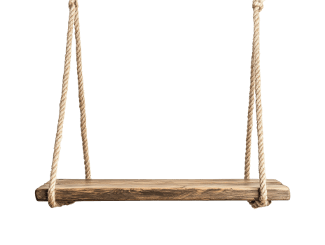 Rustic wooden swing hanging from ropes outdoors png