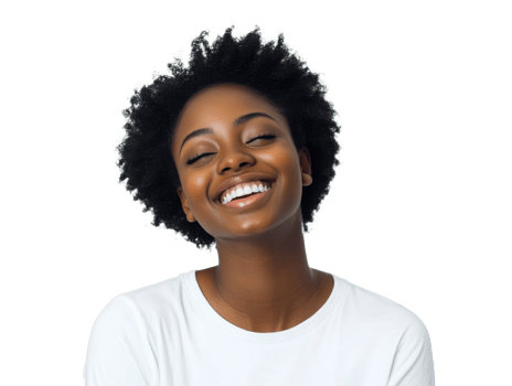 Smiling woman with natural hair expresses joy png