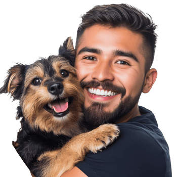 Man joyfully holds smiling dog in his arms png