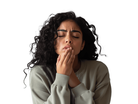 Young woman in a thoughtful, discomfort pose png