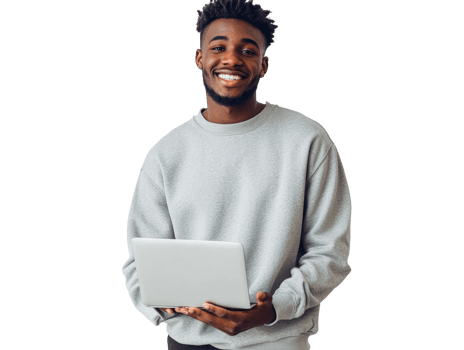 Young man smiles while holding laptop in studio png