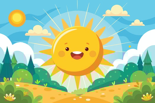 Cheerful sun shining down on a cheerful scene in summer, Happy sun in warm day vector