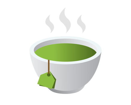 Gradient cup of hot green tea with tea bag and label png