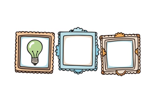 Artistic illustration of whimsical frames and lightbulb icons, emphasizing imagination, creative thinking, and design in a minimalist style vector