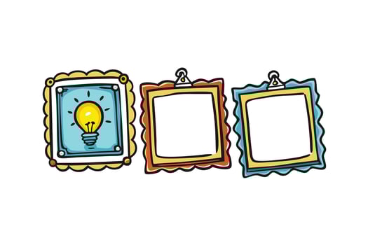 Hand drawn cartoon style frames with lightbulb icons, symbolizing creativity, innovation, and artistic concepts in a playful design vector