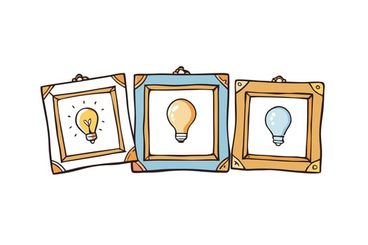 Decorative hand sketched frames featuring lightbulbs, representing bright ideas, inspiration, and creativity on a clean white background vector