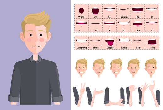 Stylized Blond Young Man Character Face Creation, with expressions, Lip-sync, Hand Gestures and emotions. Ideal for Animations, Presentations and posing, Flat Design, Illustration vector