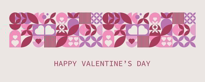 Valentine's Day geometric greeting card. Mosaic poster, banner with traditional symbols of love. Abstract trendy design. vector