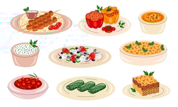 Set of greek cuisine, food, dishes. Pastitsio, moussaka, dolma, souvlaki, stifado, gemista, greek salad, tirokafteri sauce and tzatziki. illustration isolated on white background vector