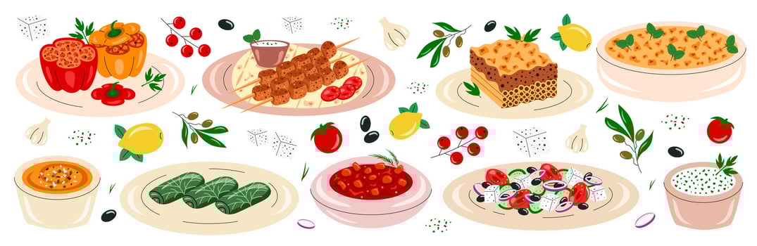 Set of greek cuisine, food, dishes. Pastitsio, moussaka, dolma, souvlaki, stifado, gemista, greek salad, tirokafteri and tzatziki. illustration vector