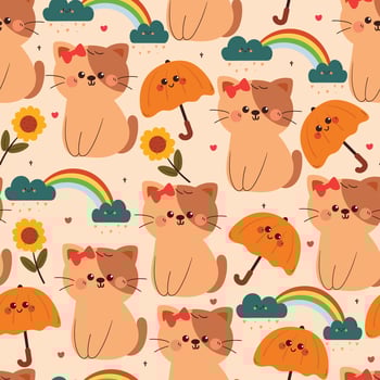 seamless pattern cute cartoon cat with plant and sky element. cute animal pattern for wallpaper, background and gift wrap paper vector