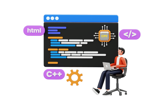 Professional programmer writing code for testing computer software 3d illustration. Male Programmer 3D Illustration png
